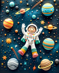 A colorful space scene with a little girl in a spacesuit