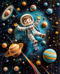 A child in a spacesuit is floating in space with a bunch of planets around him