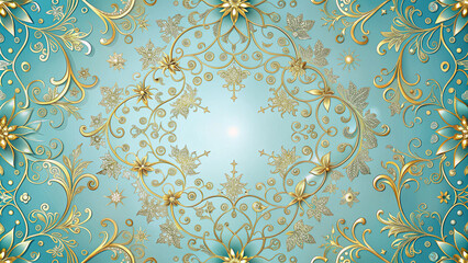 Symmetrical Design of Intricate Golden Embellishments on a Teal Background - Elaborate and Decorative Nature Ideal for Graphic Design, Wallpaper Patterns, or Textile Designs.