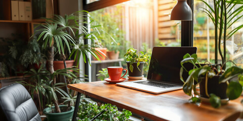 Minimal home working room interior with laptop, black coffee and accessories on desk