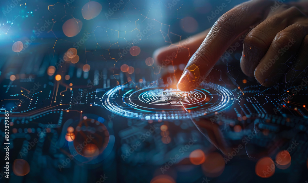 Poster tech businessman using fingerprint biometrics for secure mobile financial app access, data encryptio