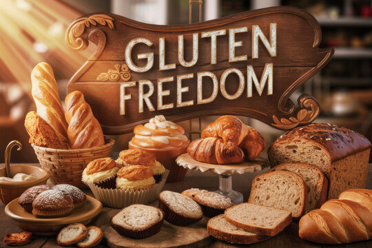 Gluten-free bakery products, breads, croissants, muffins, pastries in front of  vintage-style wooden sign that reads "GLUTEN FREEDOM"
