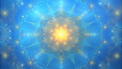 Symmetrical Mandala Pattern with Bright Yellow Center Resembling a Starburst - Set Against a Blue Background Adorned with Sparkling White Dots.