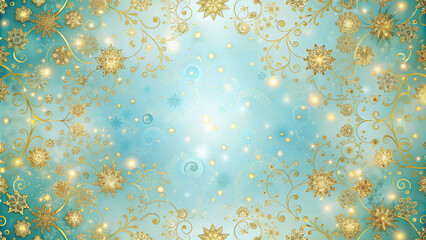 Symmetrical Arrangement of Ornate Golden Snowflakes and Swirls on a Gradient Blue Background - Festive or Winter-Themed Design Ideal for Seasonal Decoration, Event Backgrounds, or Creative Projects.