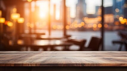 Wood table top on blurred interior background