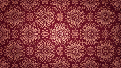 Ornate Floral Motifs on a Deep Red Background - Repetitive and Symmetrical Design Evoking a Traditional Feel, Ideal for Wallpaper, Textiles, or Decorative Surfaces.