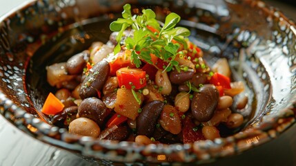 A bowl of food with beans, tomatoes, and other vegetables