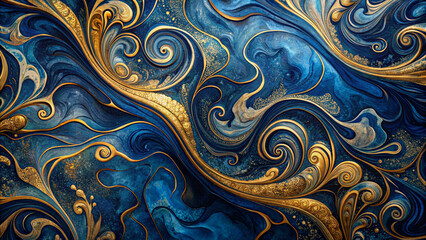 Intricate Swirling Patterns in Blue and Gold - Resembling Traditional Marbling Art Technique with Deep Blues and Vibrant Golds Creating a Luxurious and Dynamic Visual Effect.