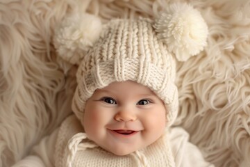 A cheerful baby wearing a cozy winter hat with pom-poms, smiling joyfully, wrapped in a soft, fluffy blanket.