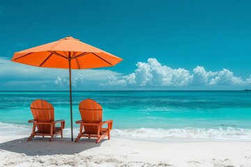 Tropical beach with bright orange umbrella and matching chairs on white sand.