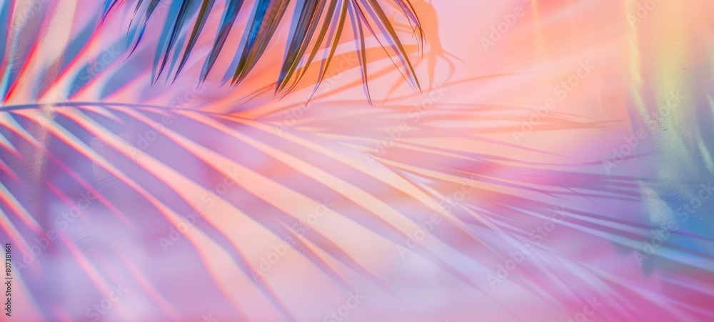 Aufkleber iridescent palm leaf with vibrant spectrum of colors casting intricate shadows on colorful soft back