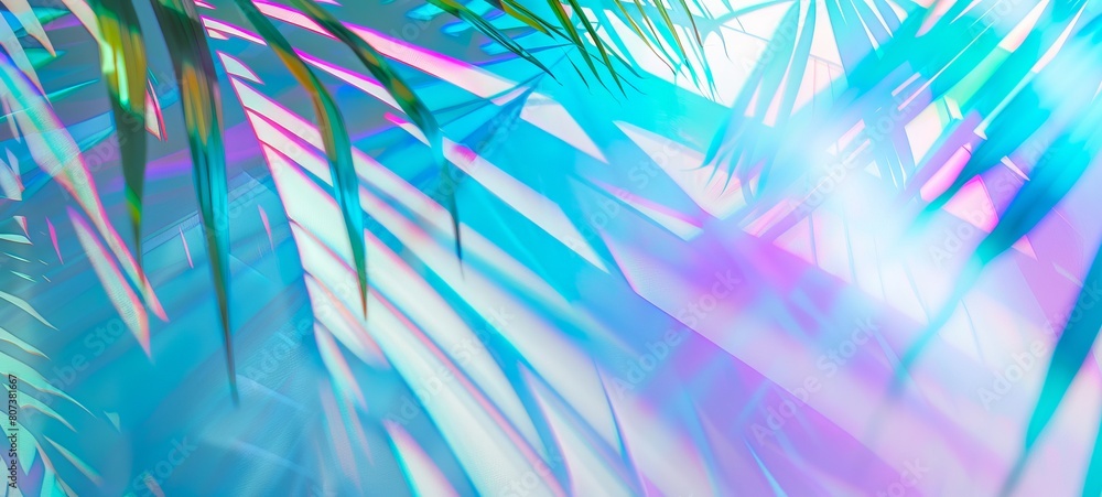 Poster iridescent palm leaf with vibrant spectrum of colors casting intricate shadows on colorful soft back