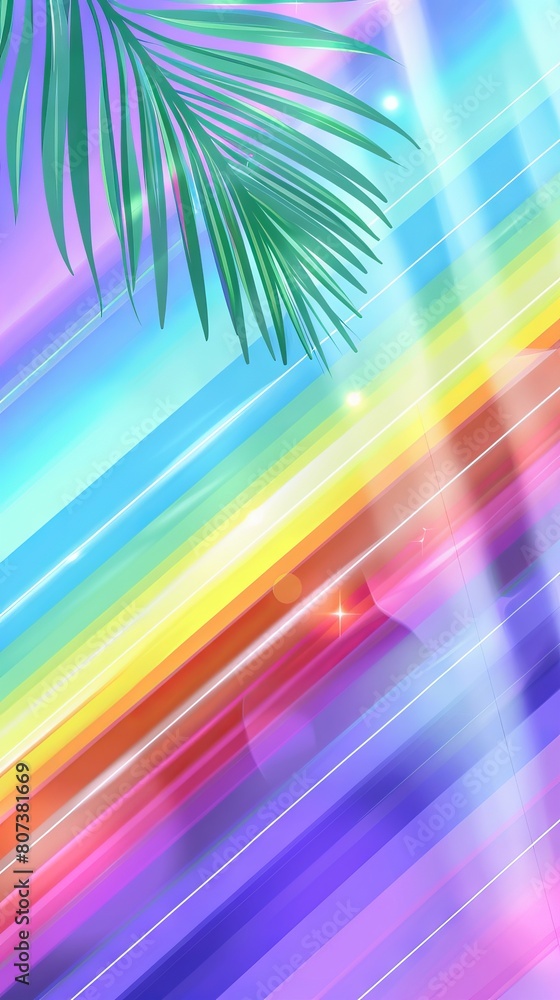 Poster iridescent palm leaf with vivid spectrum of colors casting intricate shadows on colorful backdrop. c