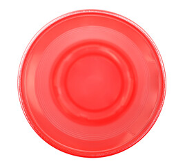 Empty new red disposable plastic cup isolated on white, clipping path, top view	