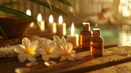 Spa concept with oil and jasmine flowers.AI generated image