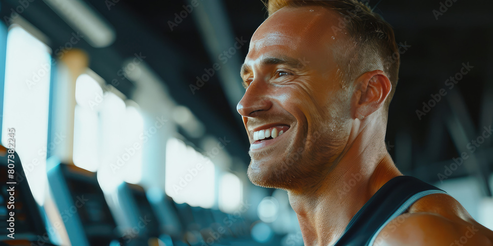 Wall mural A young handsome muscular smiling man running on a treadmill at the gym