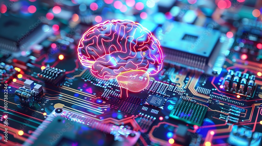 Poster futuristic brain art in neon colors. glowing brain in an intricate network setting. concept of cogni