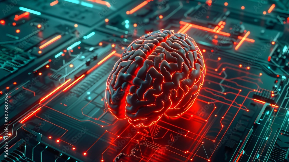 Aufkleber neon digital brain in futuristic circuit board setting. glowing brain symbolizing artificial intelli