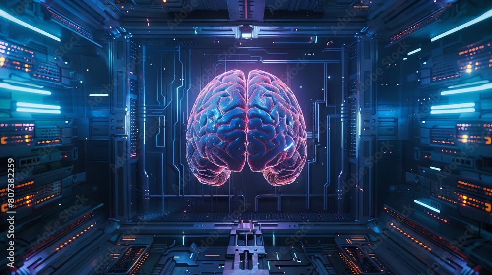 Poster futuristic brain in neon colors. glowing brain in intricate network backdrop. concept of cognitive s