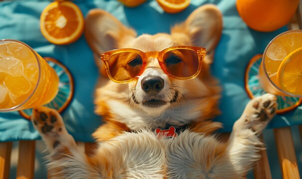 Happy corgi dog in sunglasses lying and drinking fresh cocktail on sun lounger on beach at sea, summer holidays concept