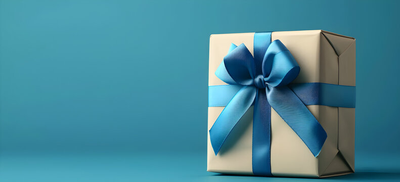 Luxury gift box with a blue bow, side view monochrome, perfect for fathers day or valentines day gift for him, corporate gift concept or birthday party
