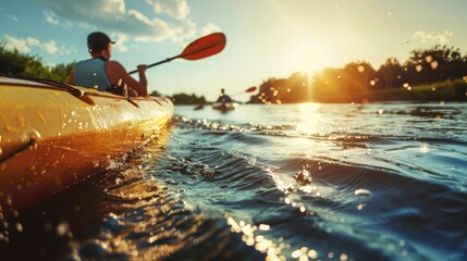 A person sits in a kayak, actively paddling on the water under a clear sky.