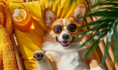 Happy corgi dog in sunglasses lying and drinking fresh cocktail on sun lounger on beach at sea, summer holidays concept