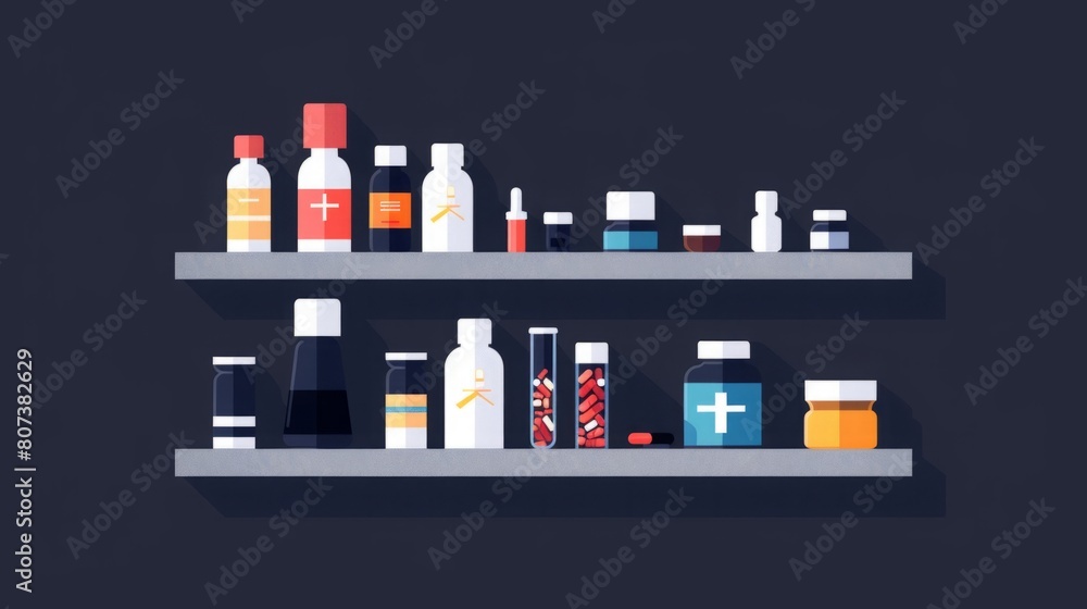 Poster two shelves filled with a variety of bottles in different shapes and sizes.