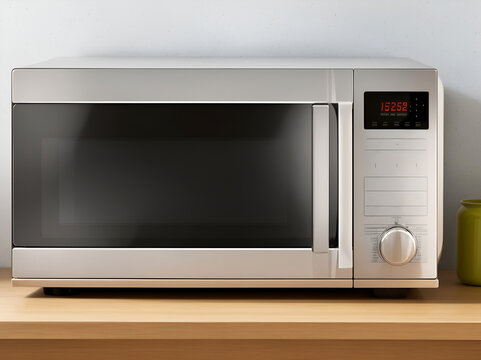 Un microondas plateado sobre una mesa de madera en la cocina. Vista de frente y de cerca. AI Generativa
