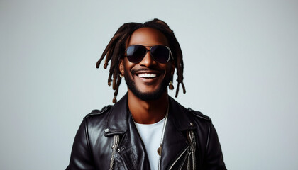 portrait of a African American man with sweet smile, dreadlocks, leather jacket, sunglasses, isolated white background
