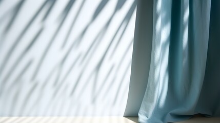 Close up of Curtains in blue Colors and Shadow of Windows. Studio Background for Product Presentation.