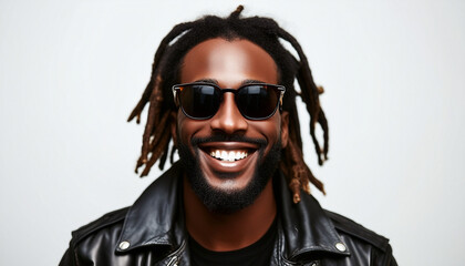 portrait of a African American man with sweet smile, dreadlocks, leather jacket, sunglasses,...