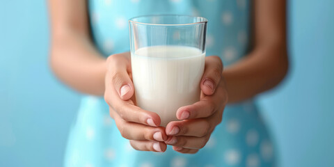 Female hands hold a glass of milk. Lactose intolerance, cow protein, alternative plant milk concept.