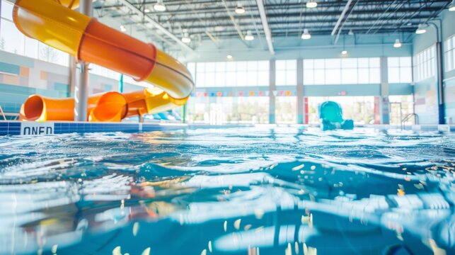 An indoor pool features a thrilling water slide as people slide down into the sparkling blue water below.