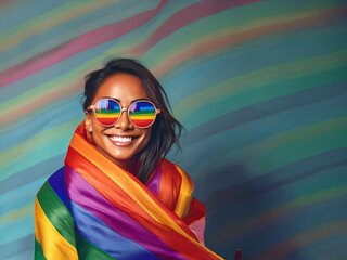 Joven mujer latina, lesbiana orgullosa y sonriente con bandera de colores LGBTQ+. Ilustración IA generativa. Recurso gráfico tipo pancarta con espacio negativo para redes sociales.