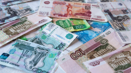Assortment of Russian banknotes on the table