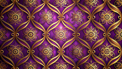 Regal Purple and Gold Symmetrical Design with Floral Motifs - Luxurious Pattern for Textiles, Wallpapers, or Decorative Surfaces.
