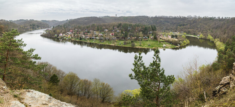 Panoramic view of The Vranov Reservoir on the Dyje River near the town of Vranov nad Dyji in South Moravia, Czech Republic, Europe.