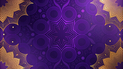 Intricate Purple and Gold Symmetrical Mandala Design - Detailed Geometric Pattern Background with Concentric Circles and Floral Elements for Creative Graphics and Decorative Wallpapers.