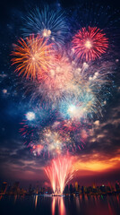 Colorful fireworks light up the night sky over the skyline