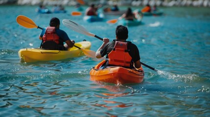 Two individuals are actively paddling in kayaks on a body of water.