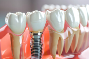 Close-up view of dental implants and teeth models demonstrating oral care