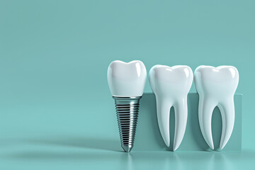 Realistic 3D illustration of human teeth and dental implant on turquoise background