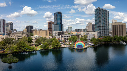 Panoramic view of downtown Orlando, Florida, USA. Above lake Eola, FL. May 4, 2024.
