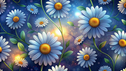 A digital illustration of a field of daisies against a cosmic sky backdrop is a serene combination of natural beauty and celestial wonder for a tranquil wallpaper and nature-inspired design.