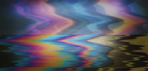 Background texture of retro CCTV or VHS video with multicolored noise and horizontal lines. Conceptual illustration of a broken computer screen.