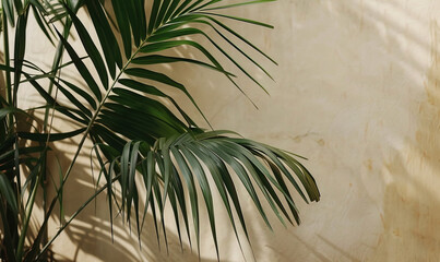 Palm tree leaves on beige wall background