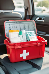 First aid kit in the trunk of the car. Plastic box with medicines in the passenger compartment.