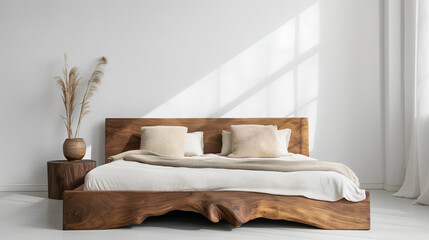 Design intérieur minimaliste d'une chambre moderne avec grand lit et mur en stuc beige - obrazy, fototapety, plakaty