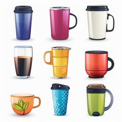 Several cups are arranged in a row, side by side on a flat surface.